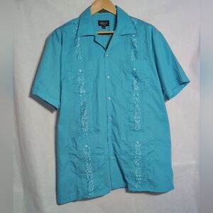 Omega Italy Teal Embroidered Guayabera Sz L Casual Shirt